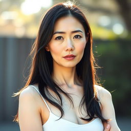 A full-body portrait of a 45-year-old woman with pale skin and long black hair, featuring an ordinary face without makeup, but with a strikingly seductive gaze