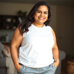 A casual and relaxed portrait of a beautiful plus-size 50-year-old Indian housewife wearing a comfortable white sleeveless t-shirt paired with grey shorts