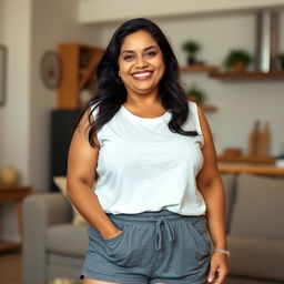 A casual and relaxed portrait of a beautiful plus-size 50-year-old Indian housewife wearing a comfortable white sleeveless t-shirt paired with grey shorts