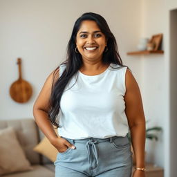 A casual and relaxed portrait of a beautiful plus-size 50-year-old Indian housewife wearing a comfortable white sleeveless t-shirt paired with grey shorts