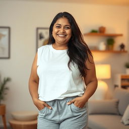 A casual and relaxed portrait of a beautiful plus-size 50-year-old Indian housewife wearing a comfortable white sleeveless t-shirt paired with grey shorts