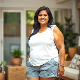 A full-body portrait of a beautiful plus-size 50-year-old Indian housewife wearing a comfortable white sleeveless t-shirt and grey shorts