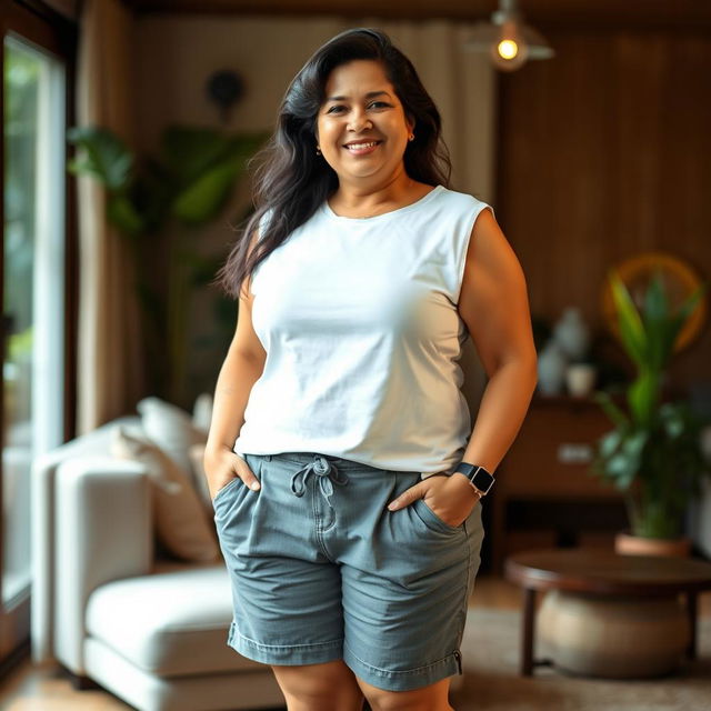 A full-body portrait of a beautiful plus-size 50-year-old Indian housewife wearing a comfortable white sleeveless t-shirt and grey shorts