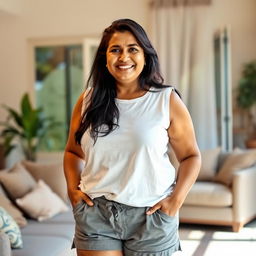 A full-body portrait of a beautiful plus-size 50-year-old Indian housewife wearing a comfortable white sleeveless t-shirt and grey shorts