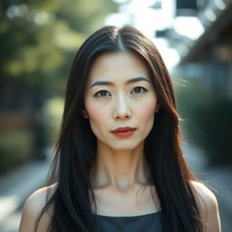 A full-body portrait of a 45-year-old woman with pale skin and long black hair, showcasing an ordinary face without makeup, yet possessing a captivating and seductive gaze
