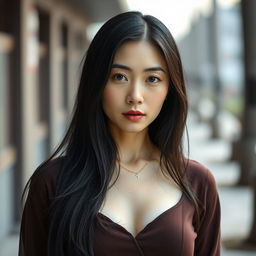 A full-body portrait of a 45-year-old woman with pale skin and long black hair, showcasing an ordinary face without makeup, yet possessing a captivating and seductive gaze