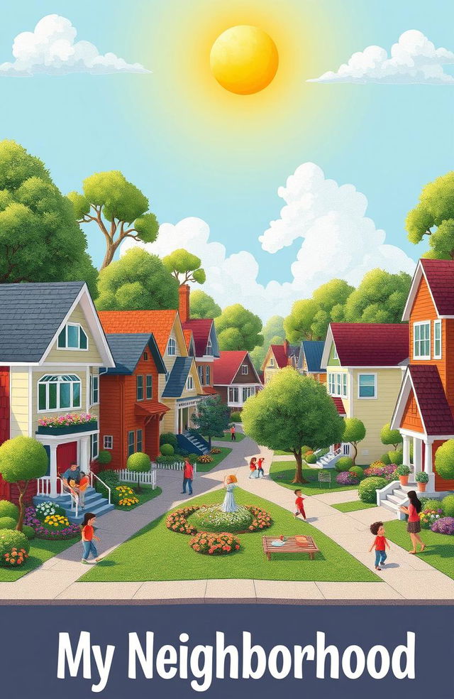 A vibrant neighborhood scene showcasing diverse houses, blooming gardens, friendly neighbors engaging in activities, children playing in a park, and trees lining the streets