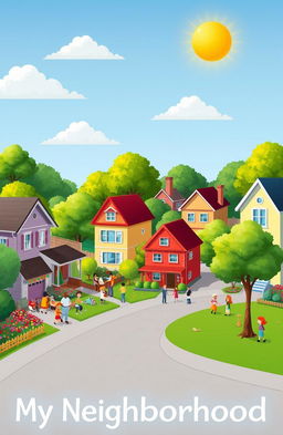 A vibrant neighborhood scene showcasing diverse houses, blooming gardens, friendly neighbors engaging in activities, children playing in a park, and trees lining the streets