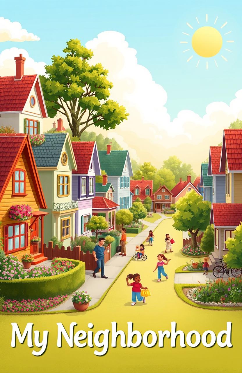 A vibrant neighborhood scene showcasing diverse houses, blooming gardens, friendly neighbors engaging in activities, children playing in a park, and trees lining the streets