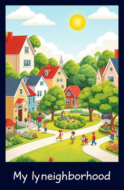 A vibrant neighborhood scene showcasing diverse houses, blooming gardens, friendly neighbors engaging in activities, children playing in a park, and trees lining the streets