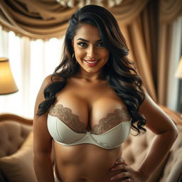 A beautiful, curvy woman posing sultrily in an alluring and playful manner, wearing an unbuttoned bra that accentuates her big breasts