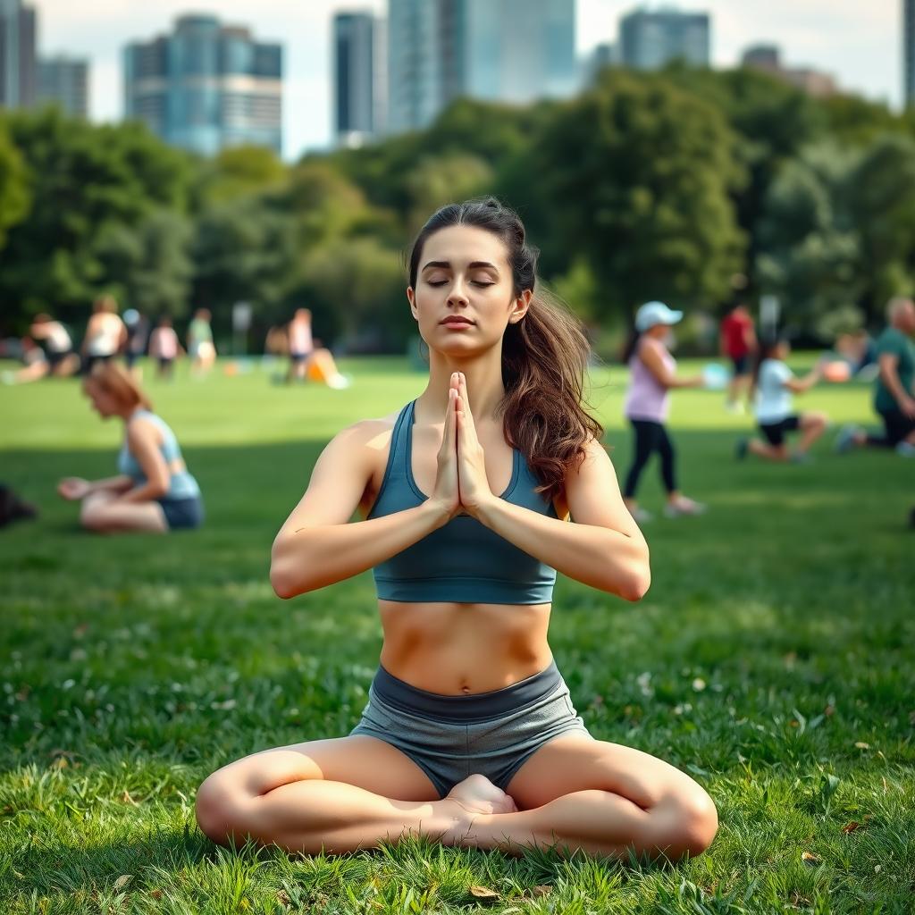 A young woman practicing yoga on the grass in a city park