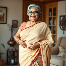 A full-body portrait of a beautiful plus-size 55-year-old Indian housewife, embracing her full-figured pear shape
