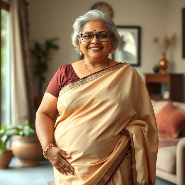 A full-body portrait of a beautiful plus-size 55-year-old Indian housewife, embracing her full-figured pear shape