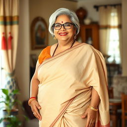 A full-body portrait of a beautiful plus-size 55-year-old Indian housewife, embracing her full-figured pear shape