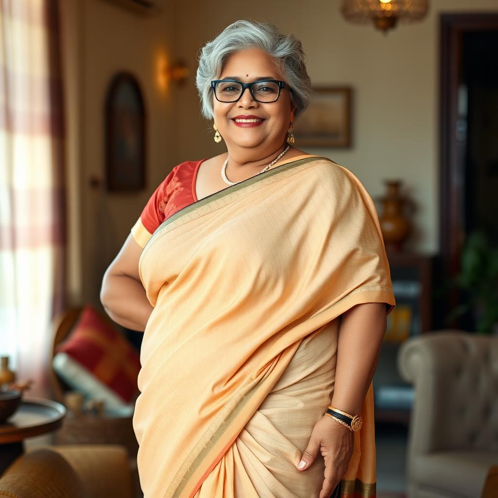 A full-body portrait of a beautiful plus-size 55-year-old Indian housewife, embracing her full-figured pear shape