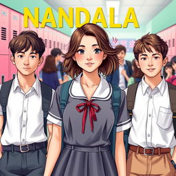 A vibrant and engaging novel cover for 'NANDALA', showcasing a beautiful high school girl as the focal point, exuding charisma and confidence
