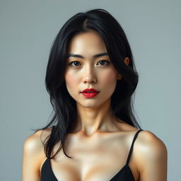 A sensual-looking 45-year-old woman with pale skin and black hair, featuring a natural face without makeup, embodying Japanese appearance