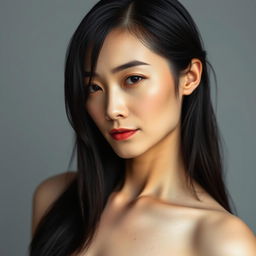 A sensual-looking 45-year-old woman with pale skin and black hair, featuring a natural face without makeup, embodying Japanese appearance