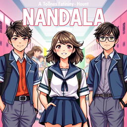 A vibrant and engaging novel cover for 'NANDALA', showcasing a beautiful high school girl as the focal point, exuding charisma and confidence