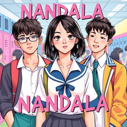A vibrant and engaging novel cover for 'NANDALA', showcasing a beautiful high school girl as the focal point, exuding charisma and confidence