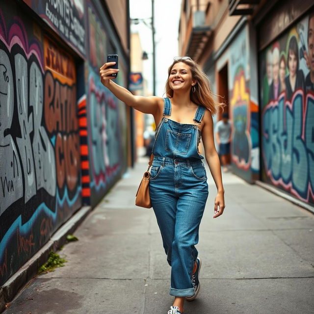 A woman in a denim overall and sneakers, strolling through a trendy district featuring street art