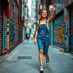 A woman in a denim overall and sneakers, strolling through a trendy district featuring street art