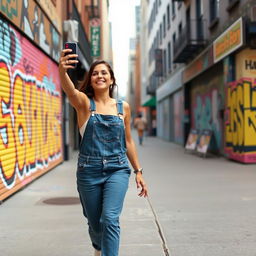 A woman in a denim overall and sneakers, strolling through a trendy district featuring street art