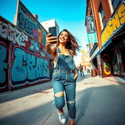 A woman in a denim overall and sneakers, strolling through a trendy district featuring street art