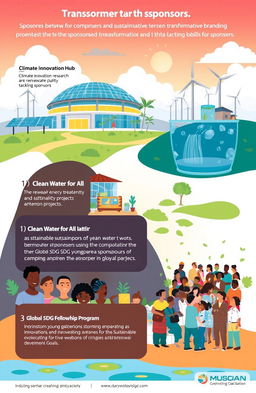 A vibrant illustration showcasing a harmonious collaboration between sponsors and transformative projects tackling global issues