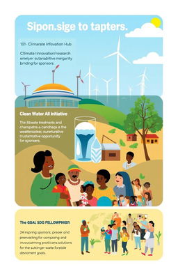 A vibrant illustration showcasing a harmonious collaboration between sponsors and transformative projects tackling global issues