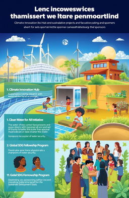 A vibrant illustration showcasing a harmonious collaboration between sponsors and transformative projects tackling global issues