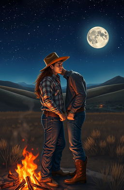 A romantic scene depicting two rugged cowboys in a secluded, picturesque landscape