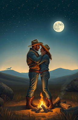 A romantic scene depicting two rugged cowboys in a secluded, picturesque landscape