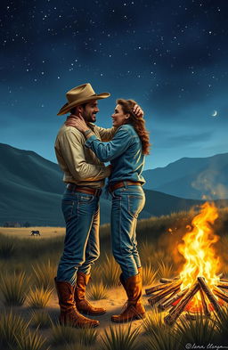 A romantic scene depicting two rugged cowboys in a secluded, picturesque landscape