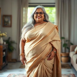 A full-body portrait of a confident and beautiful plus-size 55-year-old Indian housewife, showcasing her full-figured pear shape