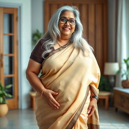 A full-body portrait of a confident and beautiful plus-size 55-year-old Indian housewife, showcasing her full-figured pear shape