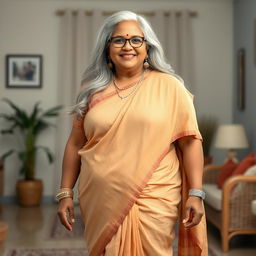 A full-body portrait of a confident and beautiful plus-size 55-year-old Indian housewife, showcasing her full-figured pear shape