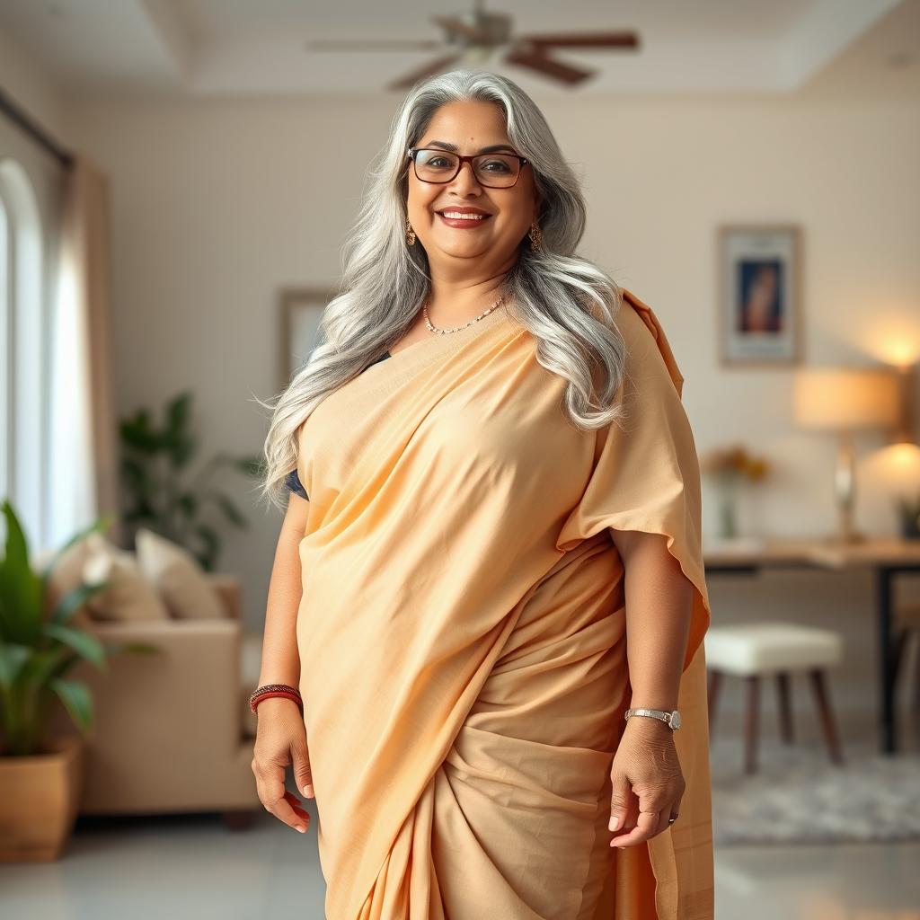 A full-body portrait of a confident and beautiful plus-size 55-year-old Indian housewife, showcasing her full-figured pear shape