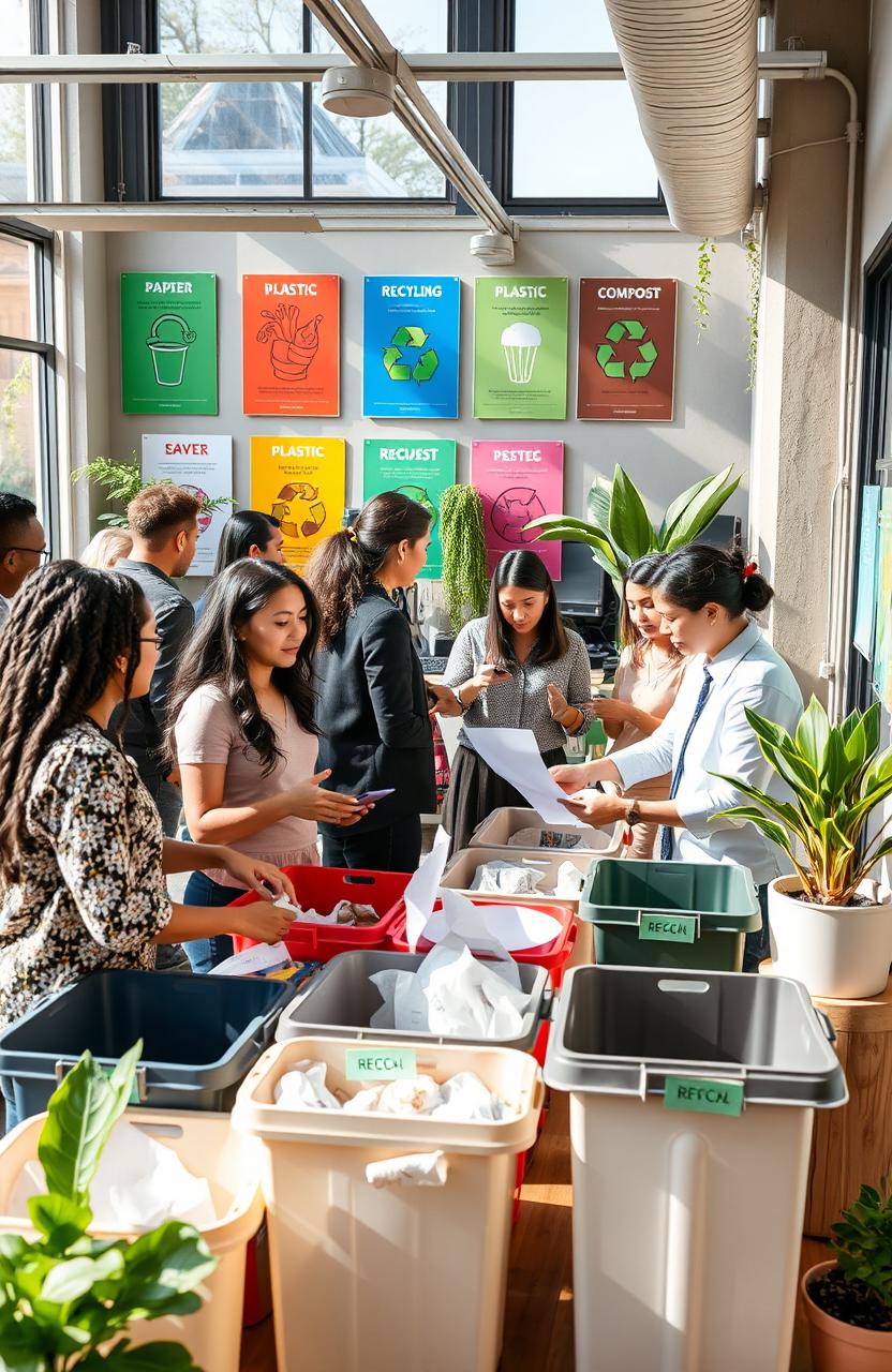 A vibrant and modern event management office with a focus on sustainability and recycling