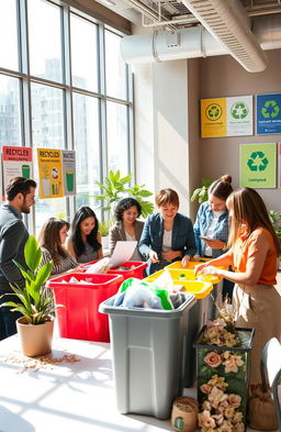 A vibrant and modern event management office with a focus on sustainability and recycling