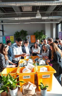 A vibrant and modern event management office with a focus on sustainability and recycling