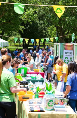 A vibrant and engaging recycling event showcasing various activities related to sustainability
