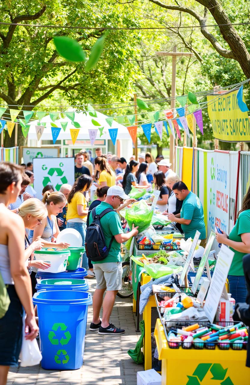 A vibrant and engaging recycling event showcasing various activities related to sustainability