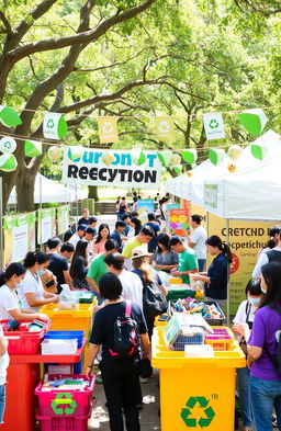 A vibrant and engaging recycling event showcasing various activities related to sustainability