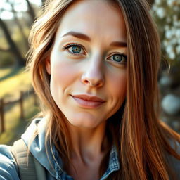 A 35-year-old woman with fair skin and long hair, dressed in casual outdoor clothing