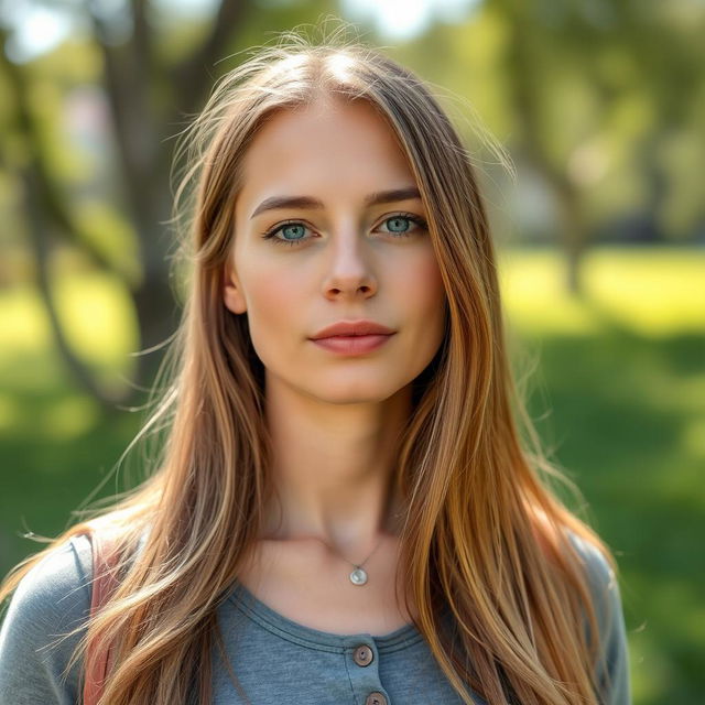 A 35-year-old woman with fair skin and long hair, dressed in casual outdoor clothing