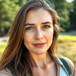 A 35-year-old woman with fair skin and long hair, dressed in casual outdoor clothing