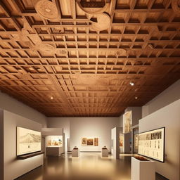 Design an art museum's interactive screen display area, enriched with a variety of display objects and artifacts. Above, a traditional wooden ceiling design adds a historic touch to the state-of-the-art technology.