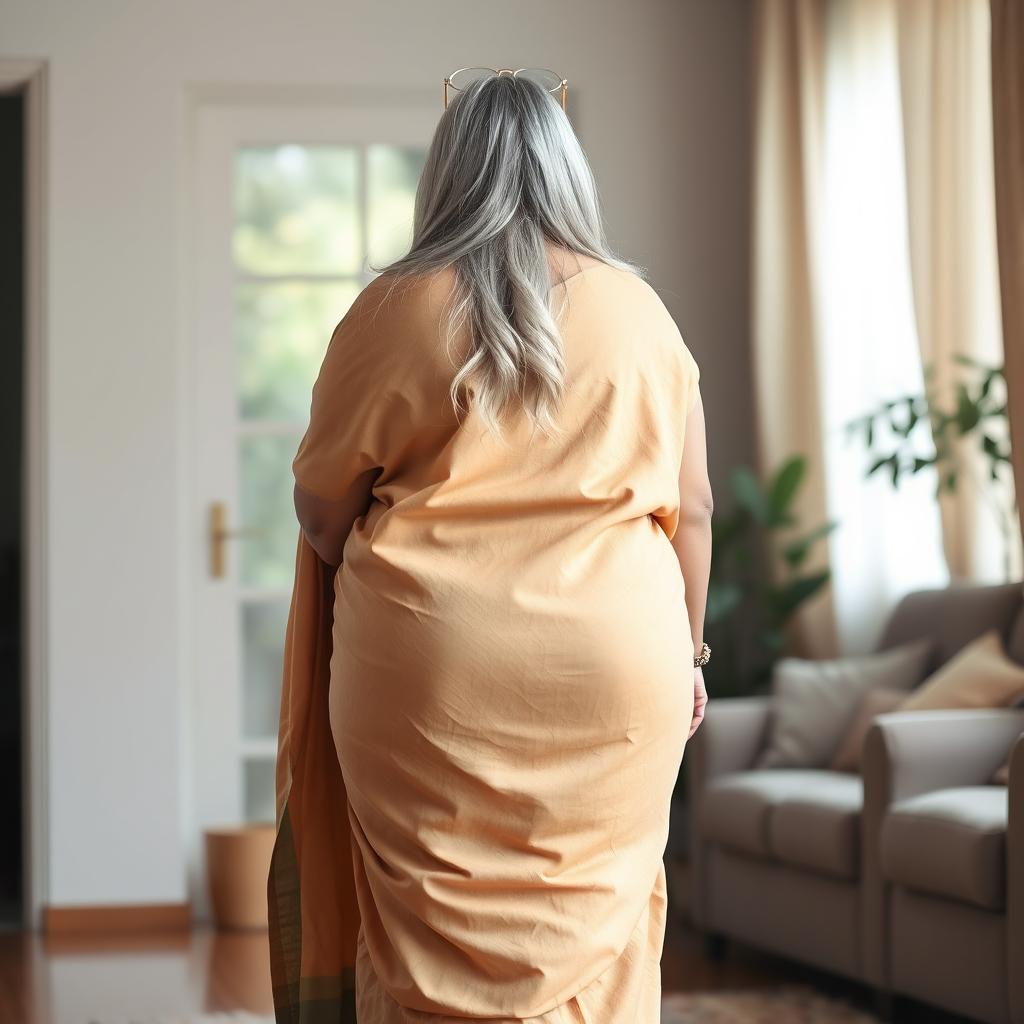 A full-body portrait from behind of a beautiful plus-size 55-year-old Indian housewife, highlighting her full-figured, pear-shaped silhouette